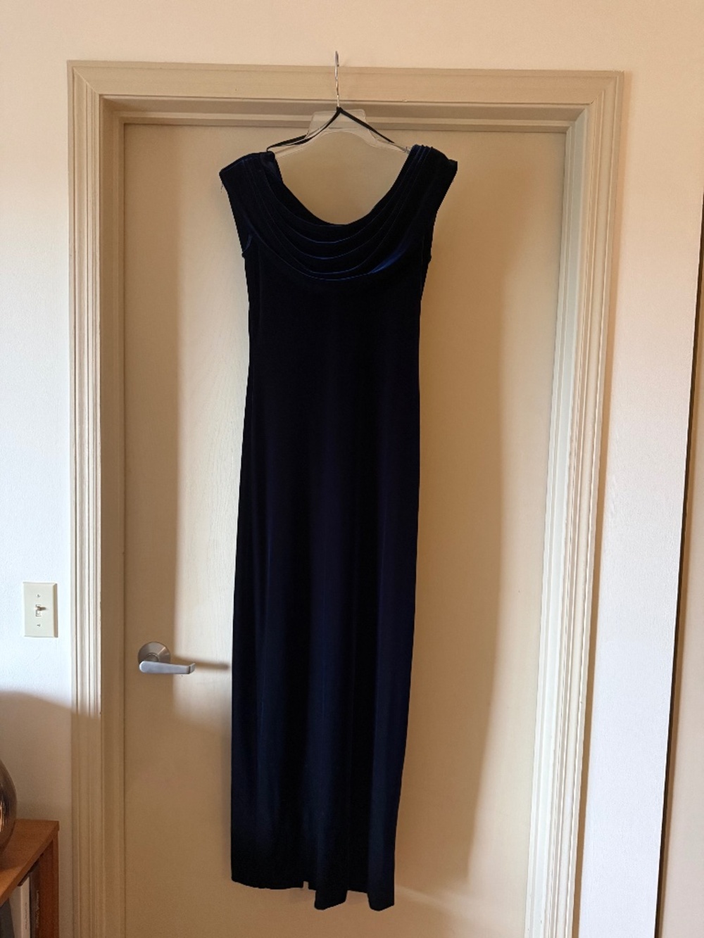 Navy Blue Velvet Evening Gown with Cowl Neck style - Size 10